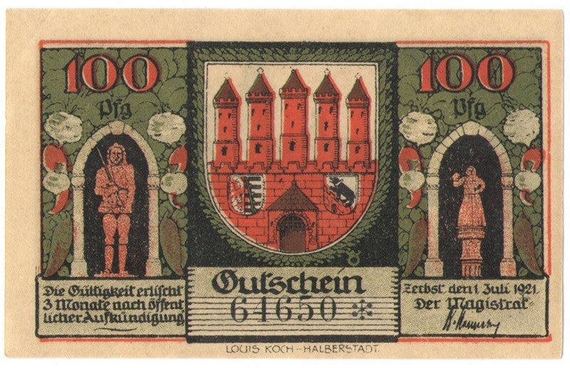 100 Pf banknot zastępczy Zerbst in anhalt 1921