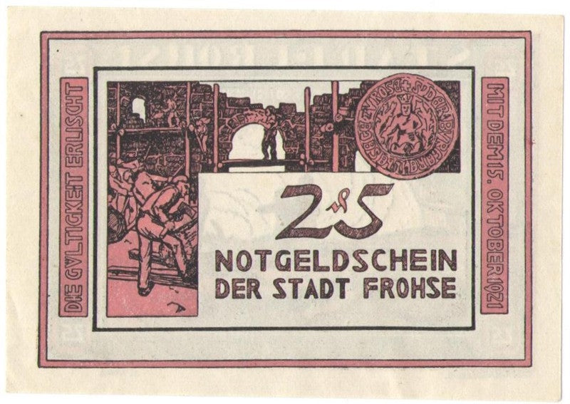 25 Pf banknot zastępczy Miasto Frohse 1921