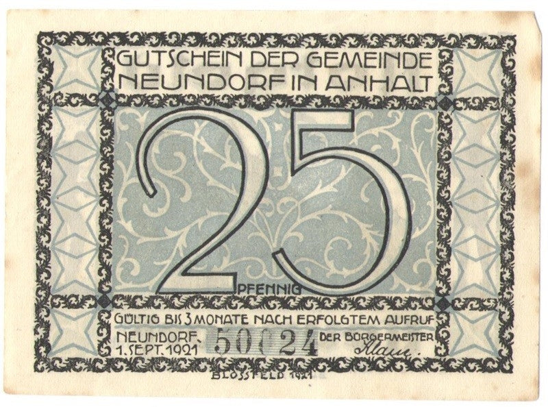 25 Pf banknot zastępczy Neundorf 1921