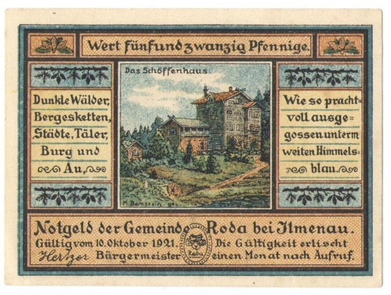 25 Pf banknot zastępczy Roda bei Ilmenau 1921