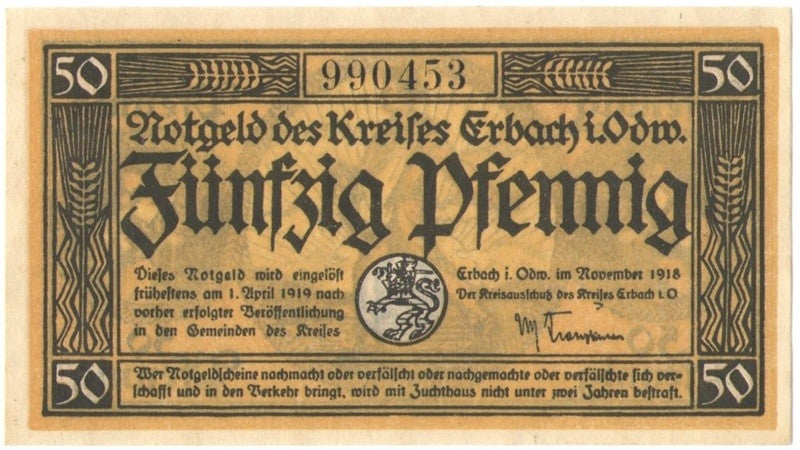 50 Pf banknot zastępczy Kreises Erbach im Odenwald 1918