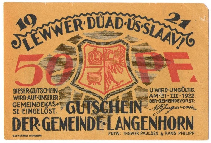 50 Pf banknot zastępczy Langenhorn 1922