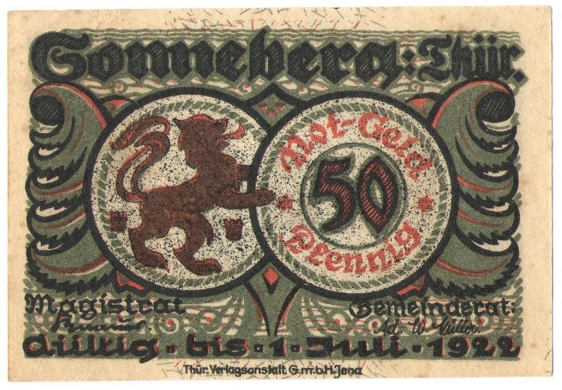 50 Pf banknot zastępczy Sonneberg Puppenkrieg 1922