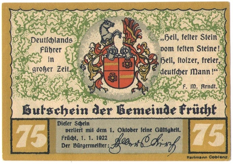 75 Pf banknot zastępczy Frücht 1922