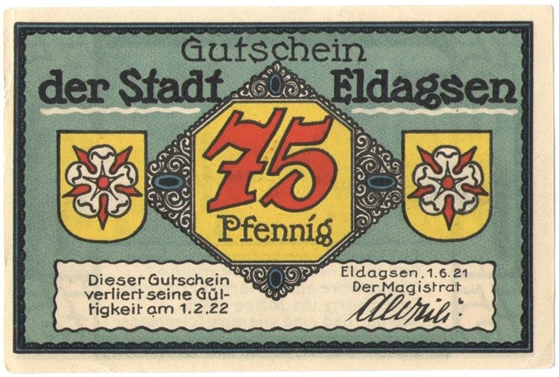 75 Pf banknot zastępczy Gutschein der stadt Eldagsen