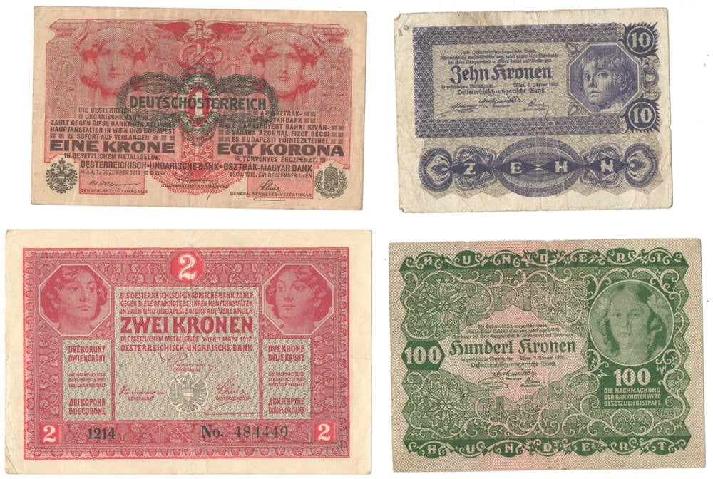 Austro-Węgry, zestaw banknotów 1914-1922, stan 3-4