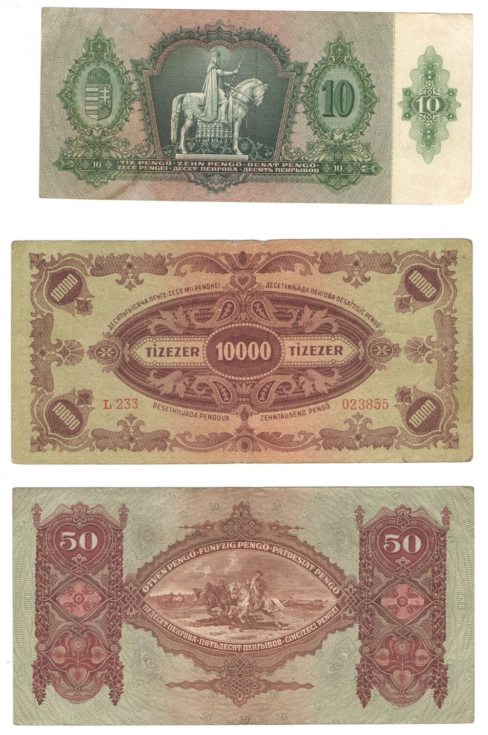 Banknoty 10, 50, 1.0000 Pengo, Węgry, 1932-1945, serie B, D, L, stany 2 do 3-
