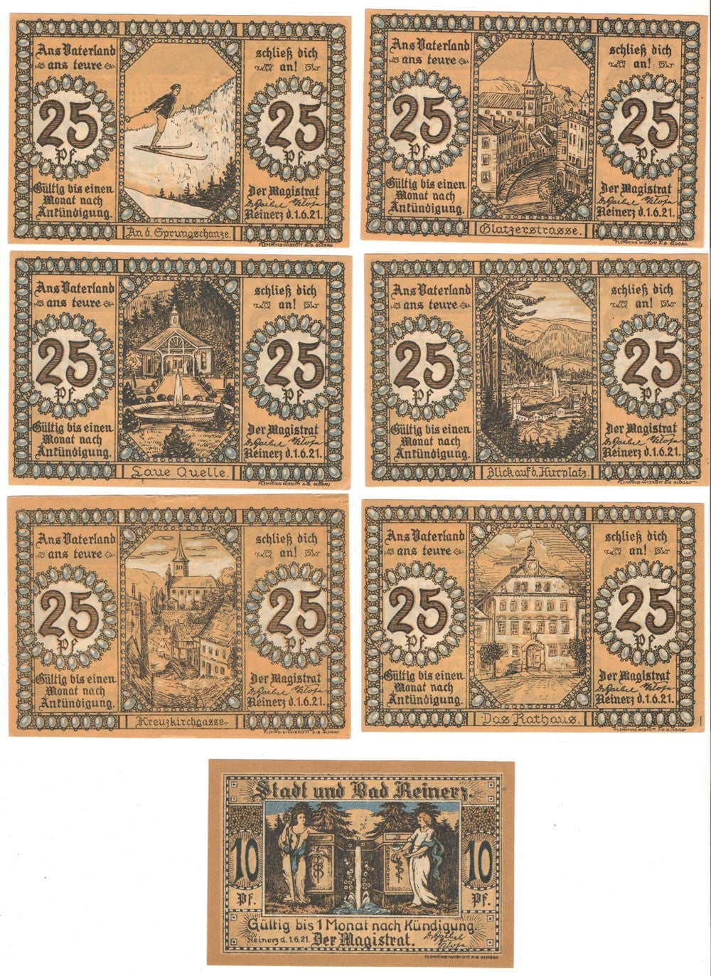 Banknoty zastępcze (notgeldy) Duszniki Zdrój (Bad Reinerz), 7 sztuk