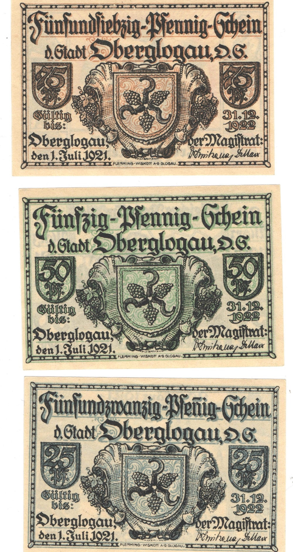 Banknoty zastępcze (notgeldy) Głogówek (Oberglogau), 3 sztuki