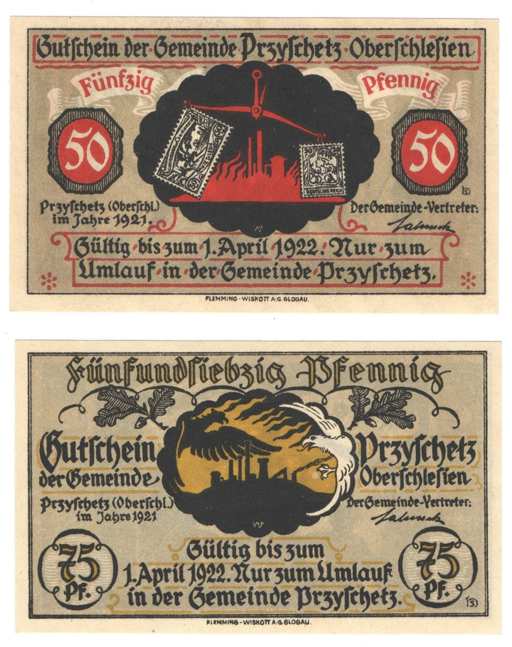 Banknoty zastępcze (notgeldy) Przysiecz (Przyschetz), 2 sztuki