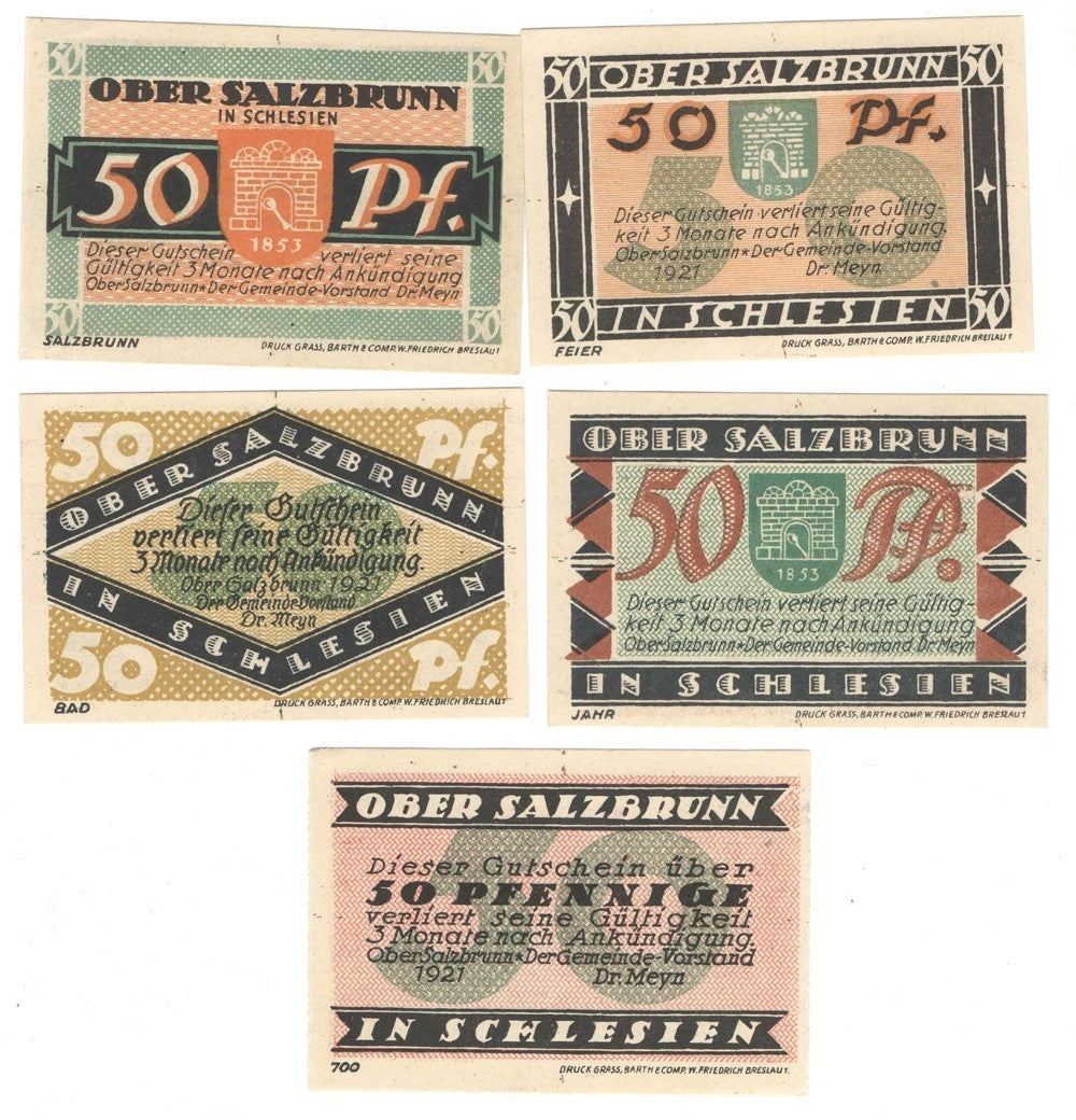 Banknoty zastępcze (notgeldy) Szczawno-Zdrój (Bad Salzbrun), 5 sztuk