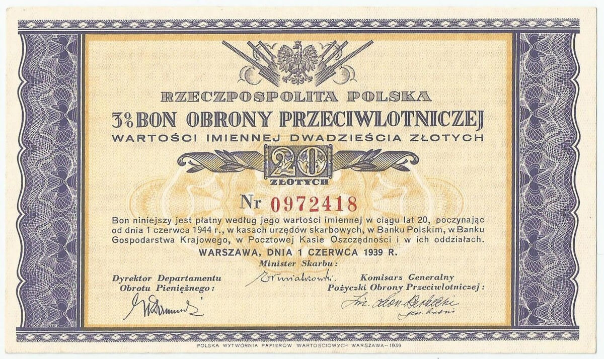 Bon obrony przeciwlotniczej na 20 złotych 1.06.1939, stan 1-