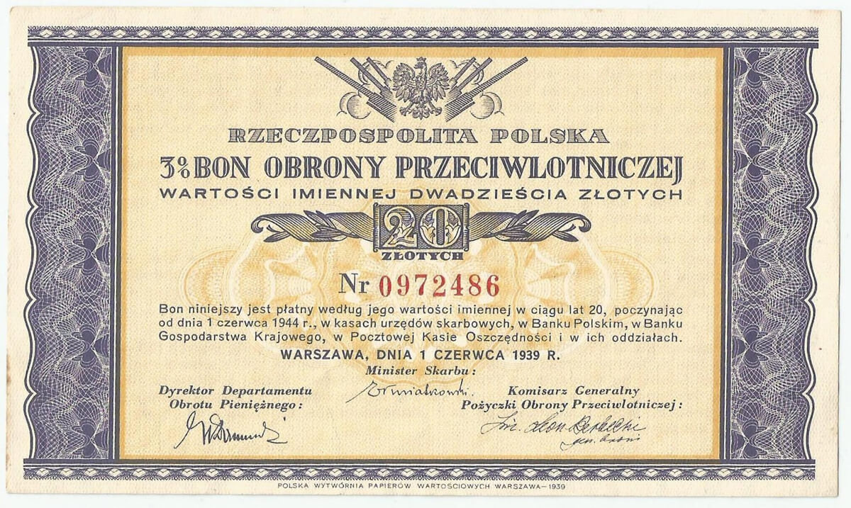 Bon obrony przeciwlotniczej na 20 złotych 1.06.1939, stan 1-/2+