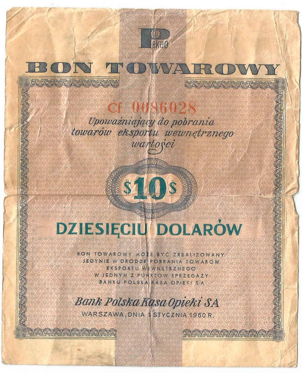 Bon towarowy na 10 dolarów 1.01.1960, seria Cf, stan 4/4-