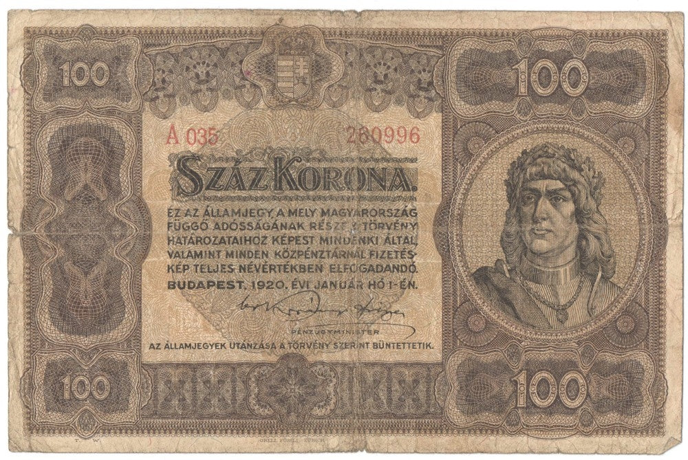 Węgry, 100 koron 1920, seria A 035, stan 5
