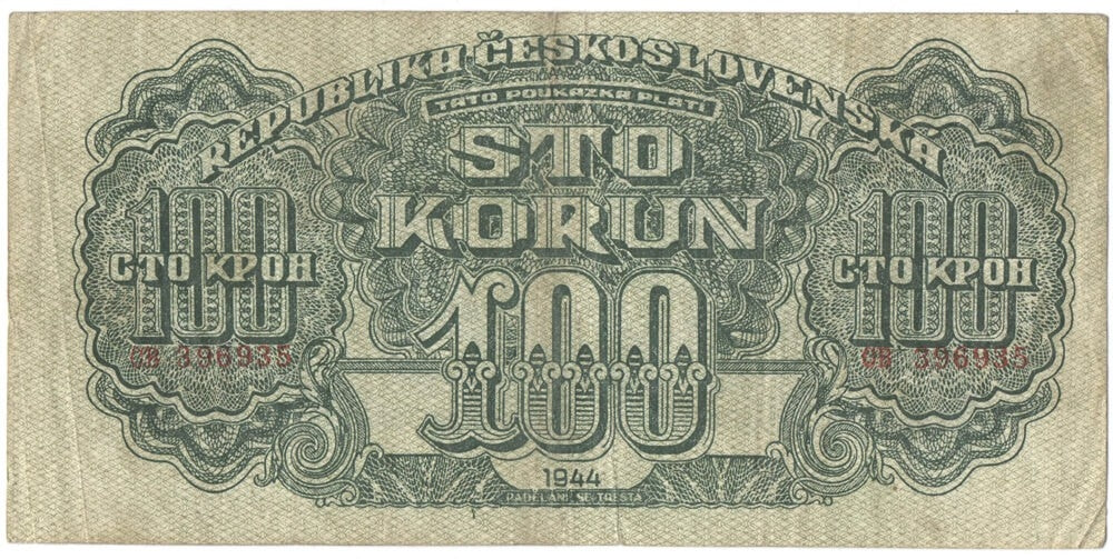 Czechosłowacja, banknot 100 koron, 1944, ser. OB, stan 3+
