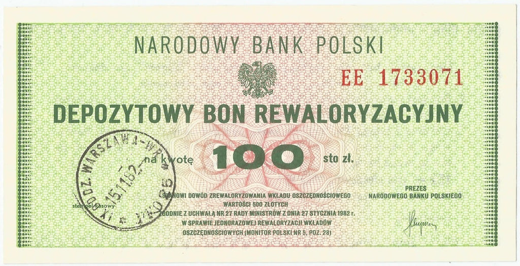 Depozytowy bon rewaloryzacyjny na 100 złotych, 1982