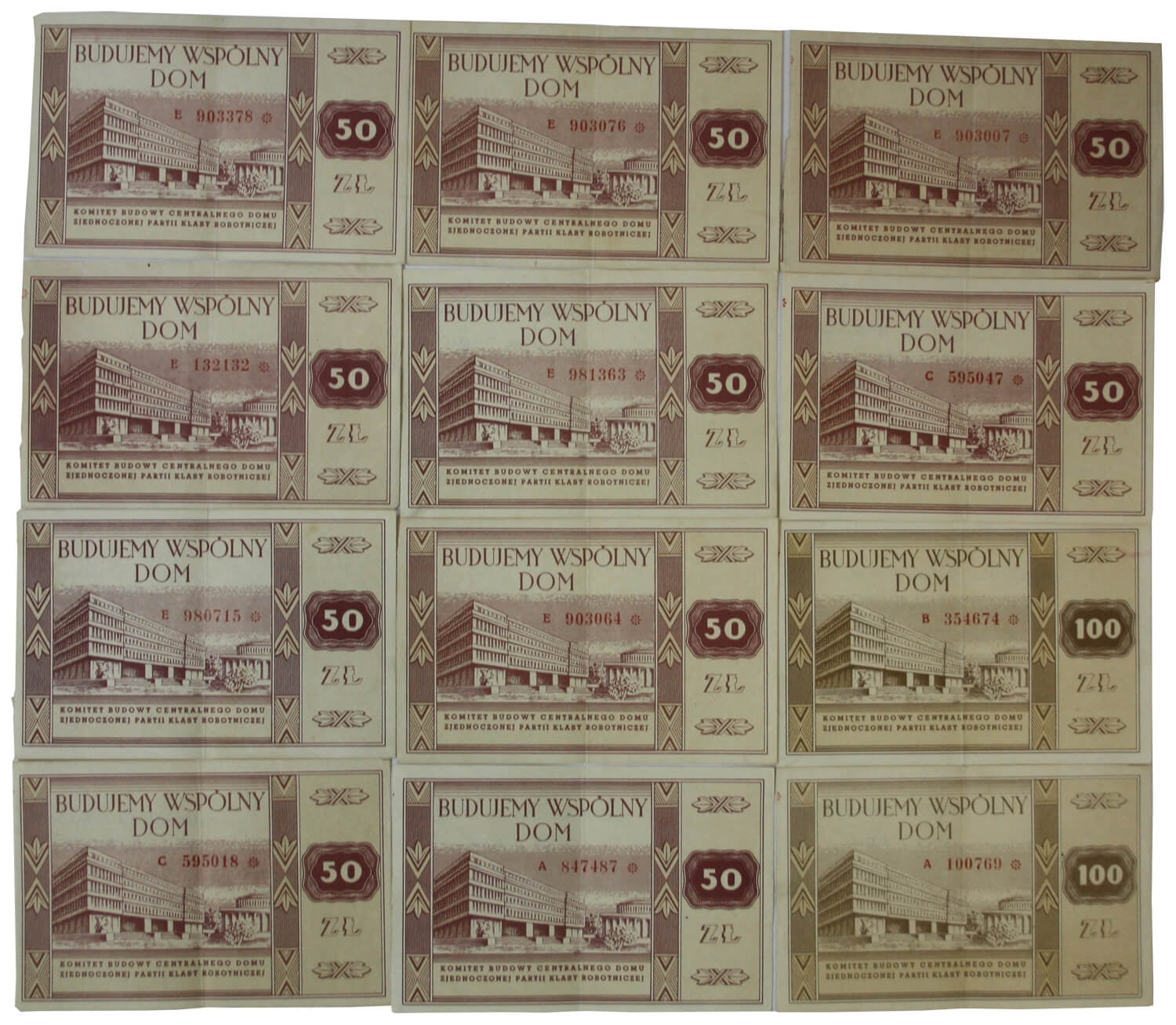 Lot: 12 x PRL BUDUJEMY WSPÓLNY DOM, 10x cegiełka 50 zł + 2x cegiełka 100 zł