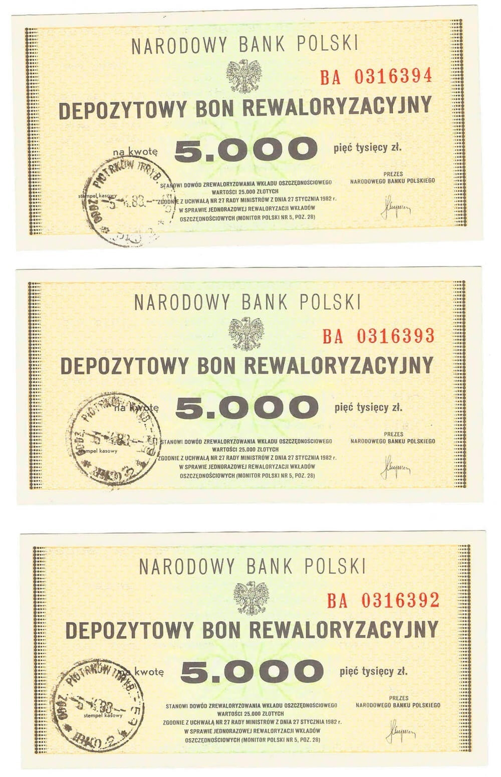Lot: 3 x depozytowy bon rewaloryzacyjny na 5.000 złotych, 1982