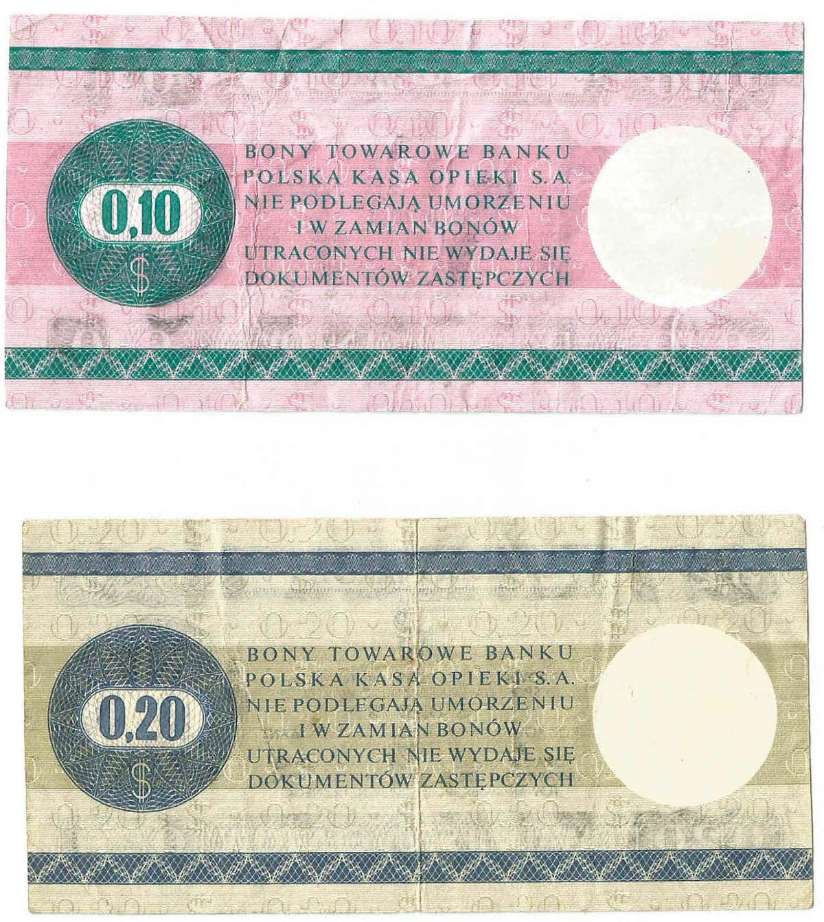 Lot: Zestaw 2 bonów towarowych, 10 centów + 20 centów, 1979, stan 3/3-