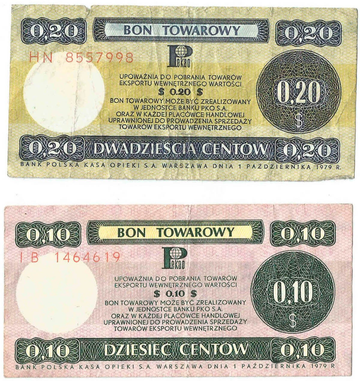Lot: Zestaw 2 bonów towarowych, 10 centów + 20 centów, stan 3-/4+