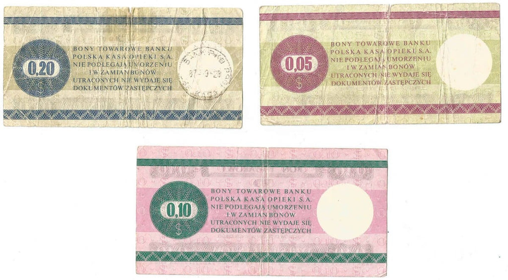 Lot: Zestaw 3 bonów towarowych, 5, 10, 20 centów, 1979 stan 3-/4+