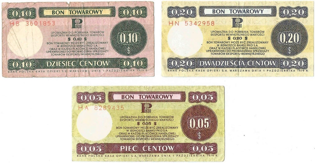 Lot: Zestaw 3 bonów towarowych, 5, 10, 20 centów, 1979 stan 3-