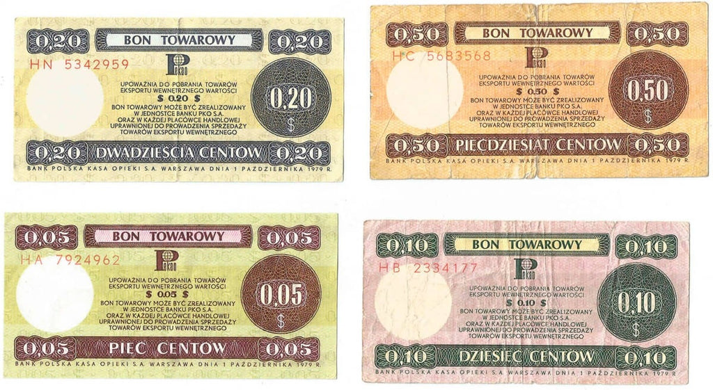 Lot: Zestaw 4 bonów towarowych, 5, 10, 20, 50 centów, 1979 stan 3-/4+