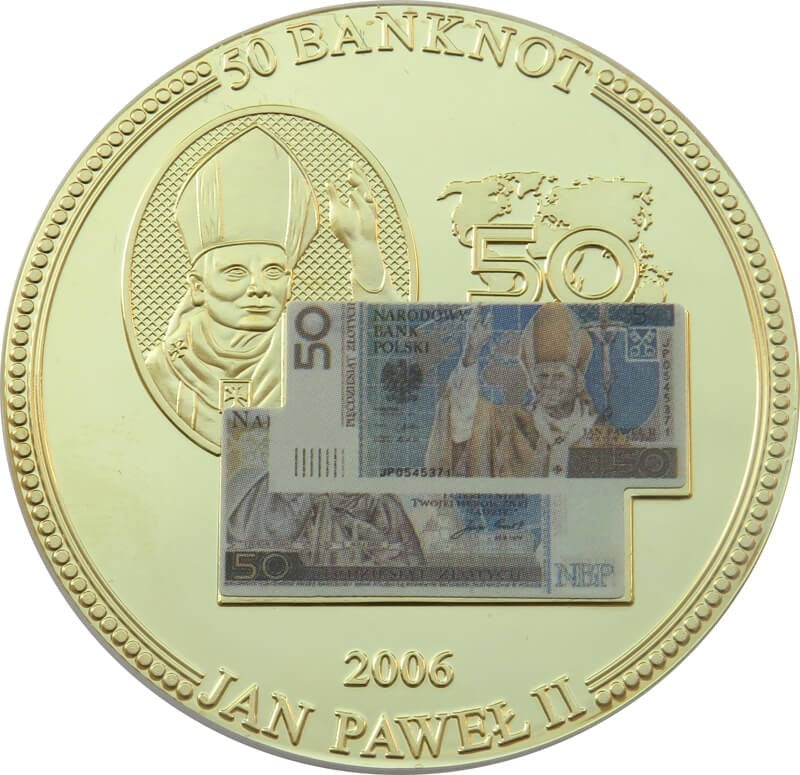 Medal okolicznościowy z wizerunkiem banknotu 50 zł Jan Paweł II