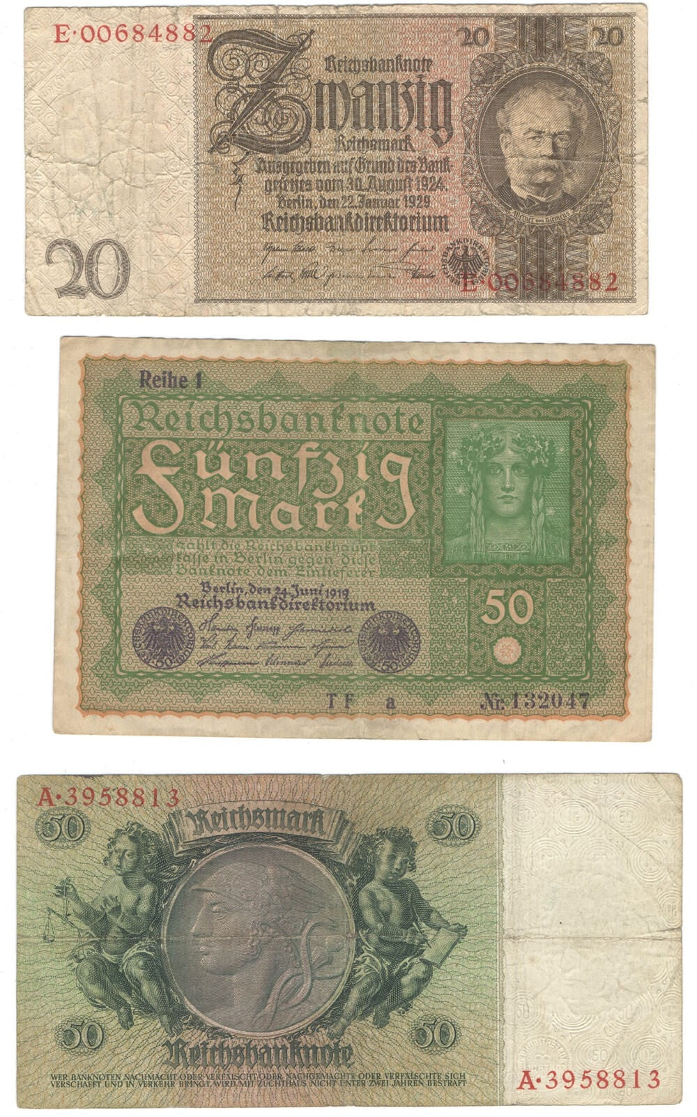 Niemcy, 3 banknoty. 20 i 50 marek, 1919-1933, serie A, E, TFa
