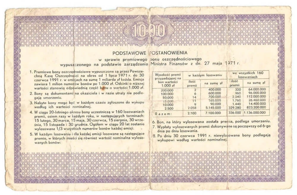 PKO Premiowy Bon Oszczędnościowy 1000 zł 1971 rok