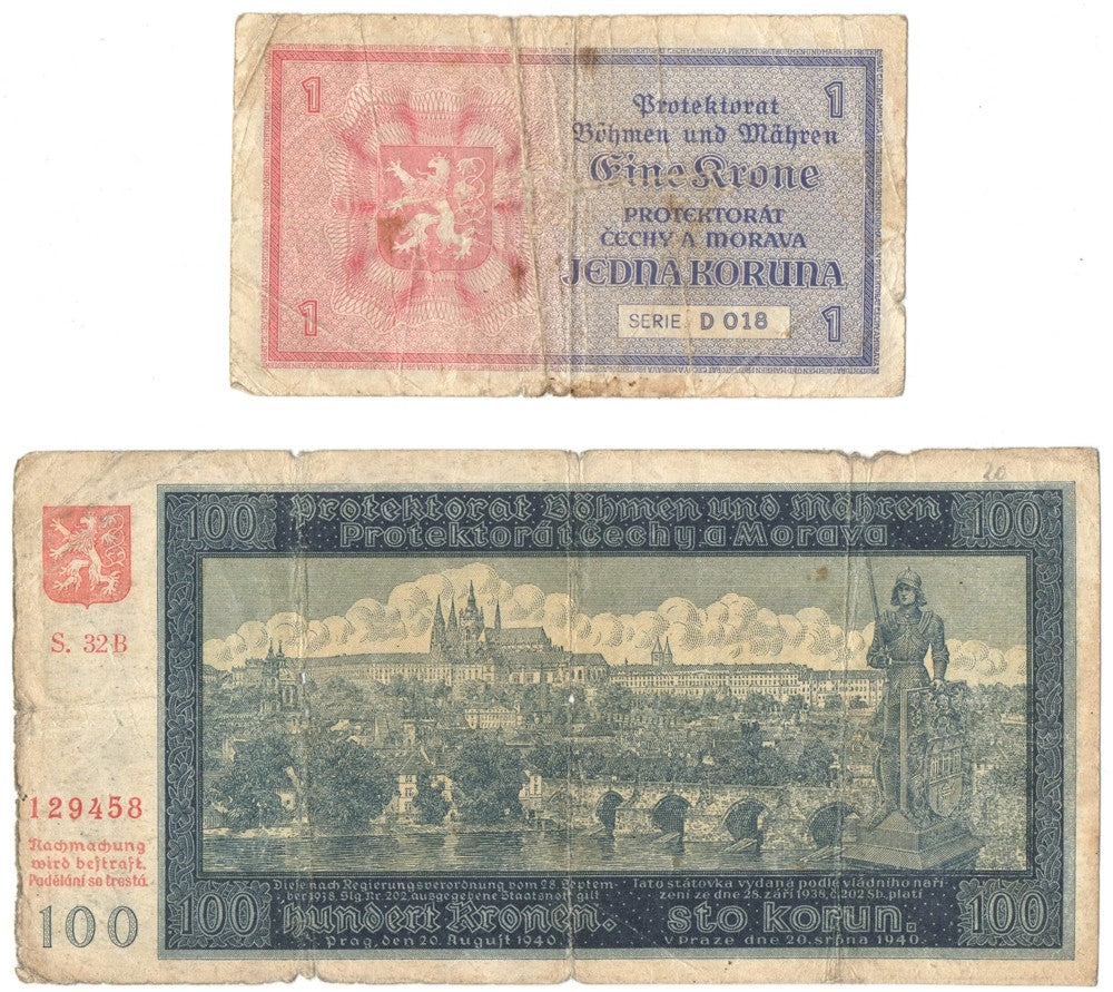 Protektorat Czech i Moraw, 1 korona seria D i 100 koron 1940 seria 32B