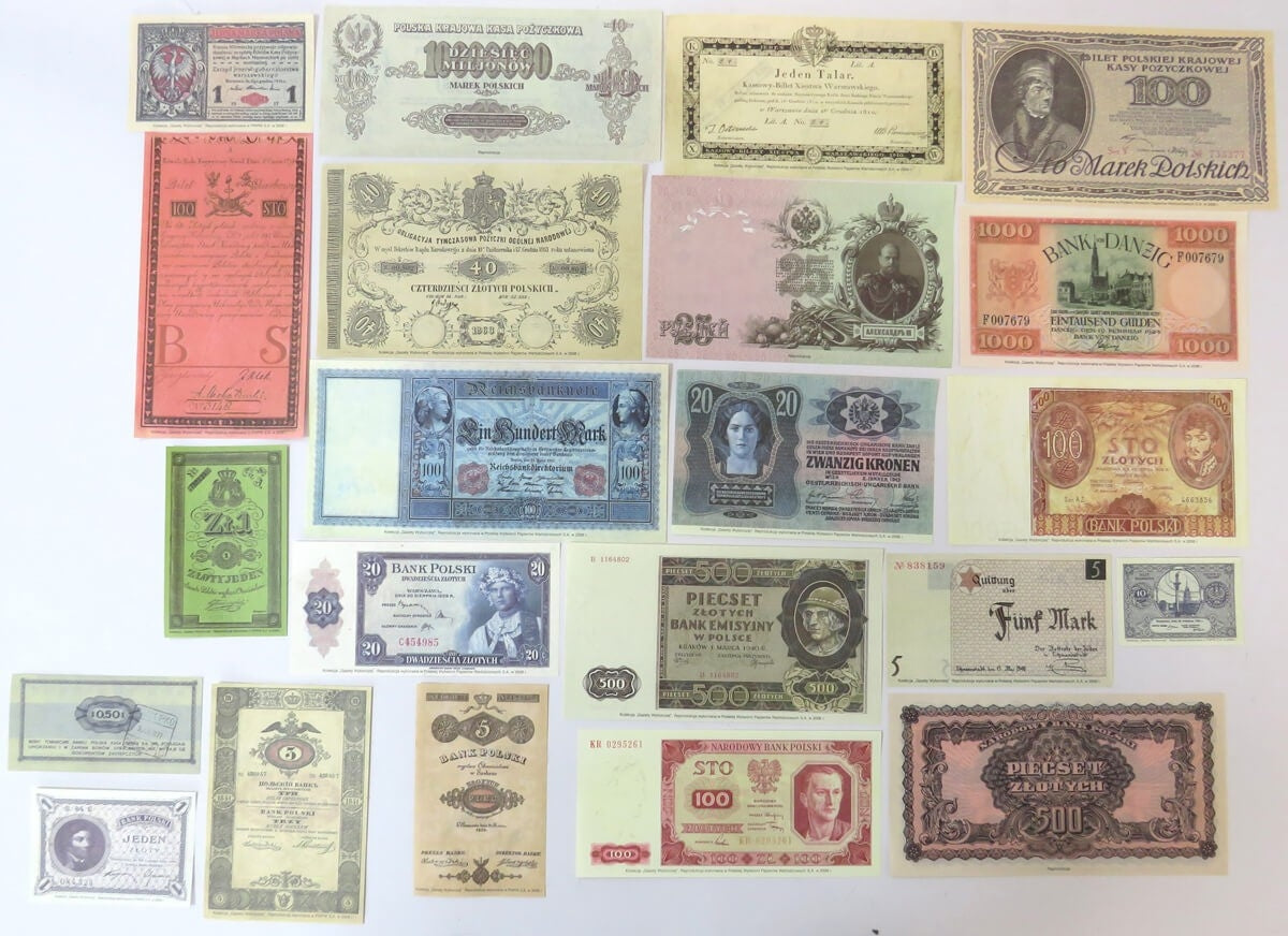 Zestaw reprintów / reprodukcji rzadkich polskich banknotów obiegowych w etui