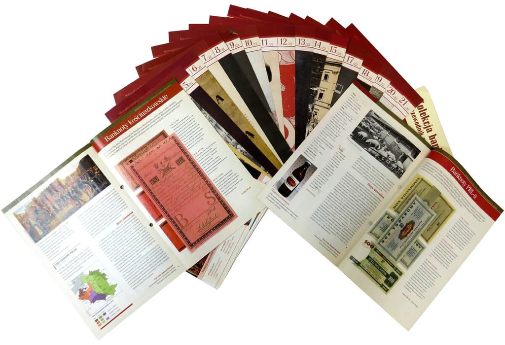 Zestaw  21 reprintów / reprodukcji rzadkich polskich banknotów obiegowych w etui